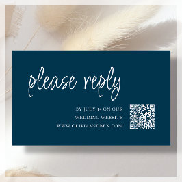 Tarjeta De Recepción Azul Marino | Código QR | Respuesta de Boda