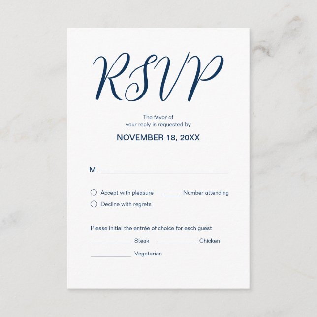 Tarjeta De Recepción Azul marino estético, cena Boda RSVP, respuesta (Anverso)