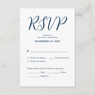 Tarjeta De Recepción Azul marino estético, cena Boda RSVP, respuesta