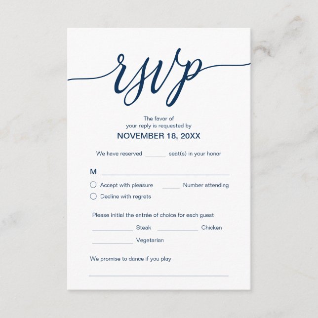 Tarjeta De Recepción Azul marino estético, cena Boda RSVP, respuesta (Anverso)
