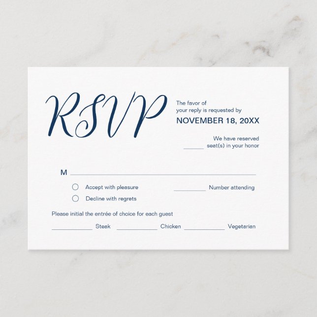 Tarjeta De Recepción Azul marino estético, fiesta de boda RSVP, respues (Anverso)