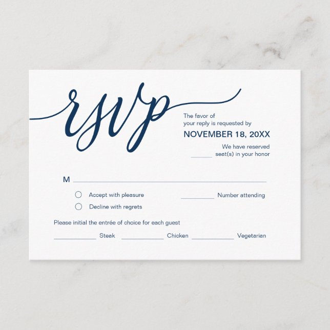 Tarjeta De Recepción Azul marino estético, Partido de Cumpleaños RSVP,  (Anverso)