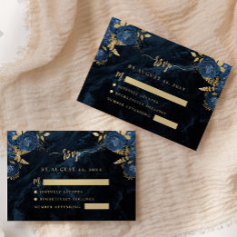Tarjeta De Recepción Azul Marino Floral Ágata Script Boda RSVP