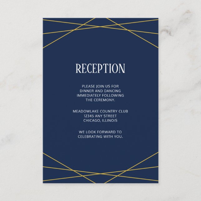 Tarjeta De Recepción Azul marino geométrico de oro | Boda de monograma (Anverso)