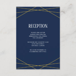 Tarjeta De Recepción Azul marino geométrico de oro | Boda de monograma