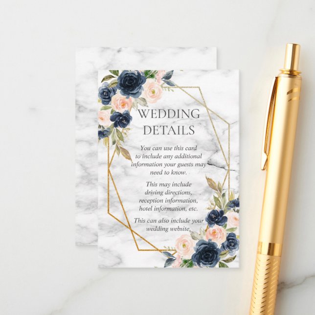 Tarjeta De Recepción Azul Marino Rubor Mármol Detalles Florales Geométr (Anverso/Reverso In Situ)