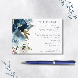 Tarjeta De Recepción Azul Marino y Azul Polvo Floral Acuarela Elegante