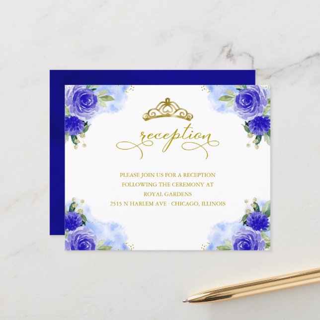 Tarjeta de recepción azul real Quinceanera (Anverso/Reverso In Situ)