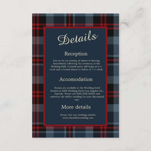 Tarjeta De Recepción azul rojo escocés boda celta tartán cuadros (Anverso)