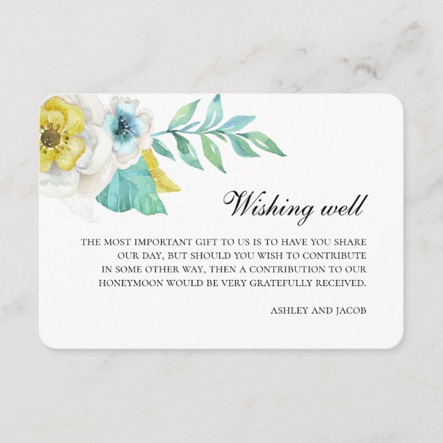 Tarjeta De Recepción Azul y amarillo deseando bien. Boda floral (Anverso)