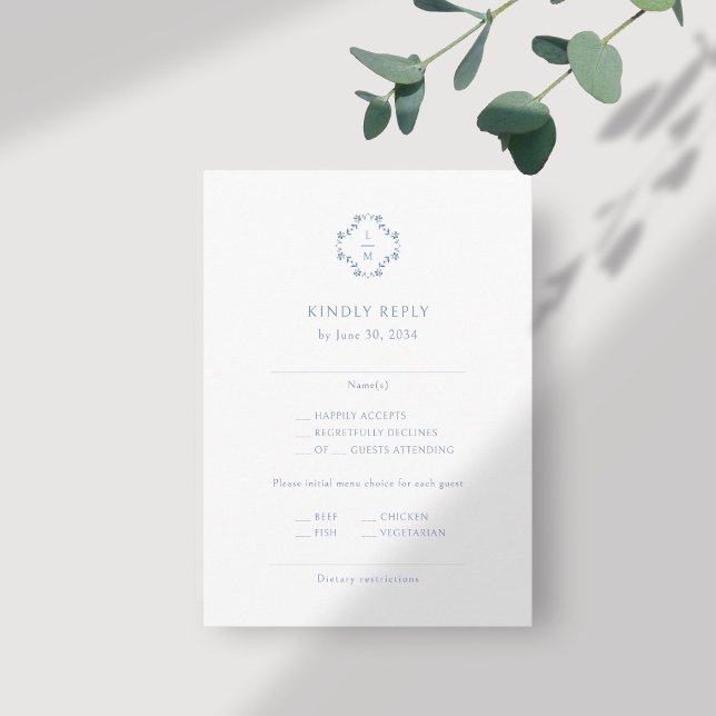 Tarjeta De Recepción Azul y blanco | Boda Floral Monogramada RSVP (Subido por el creador)