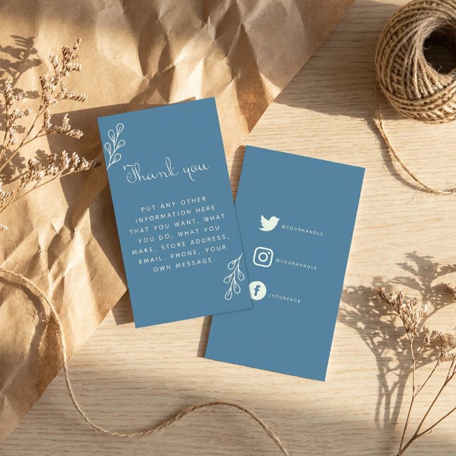 Tarjeta De Recepción Azul y crema gracias, enlaces sociales adjunto (Blue and cream thank you, social links enclosure.)