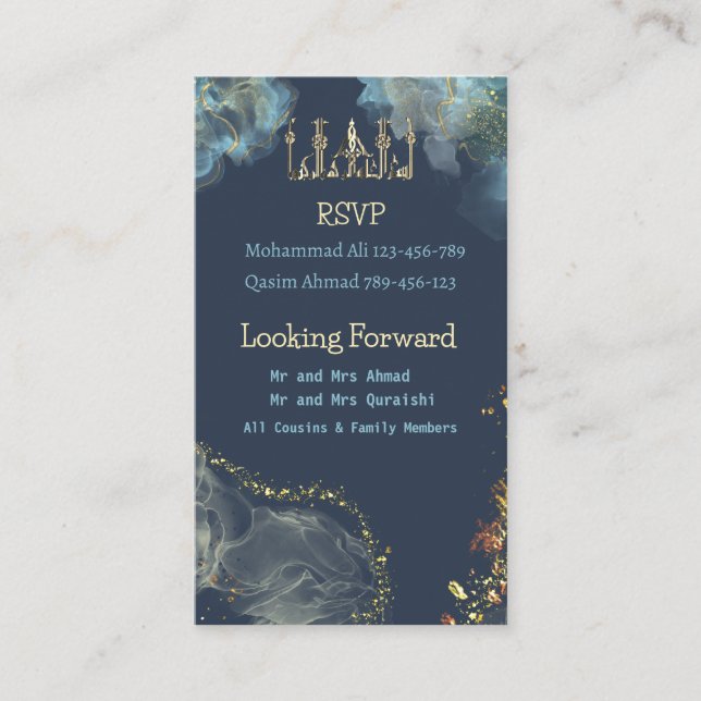 Tarjeta De Recepción Azul y oro Walima RSVP (Anverso)