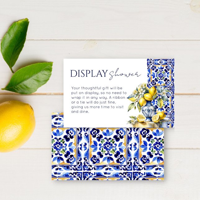 Tarjeta De Recepción Azulejos azules de Amalfi con ducha (Amalfi Italian Vietri blue tiles lemons display shower bridal shower Enclosure Card)