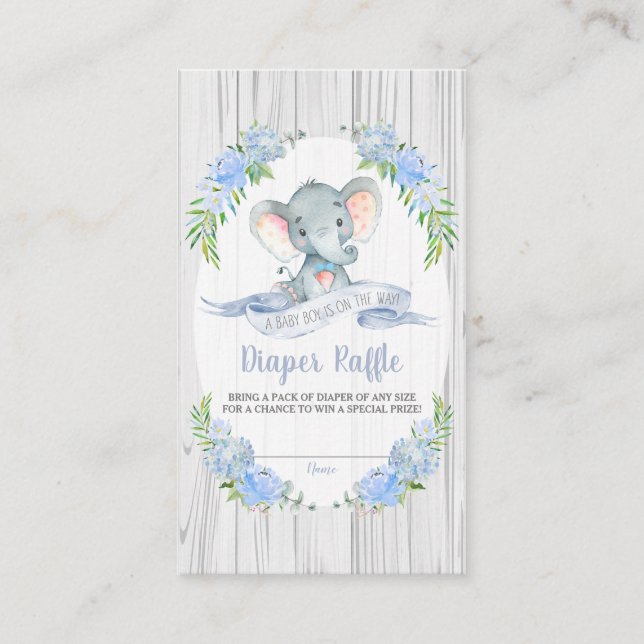 Tarjeta De Recepción Baby Boy Elephant Baby Shower Diaper Raffle (Anverso)
