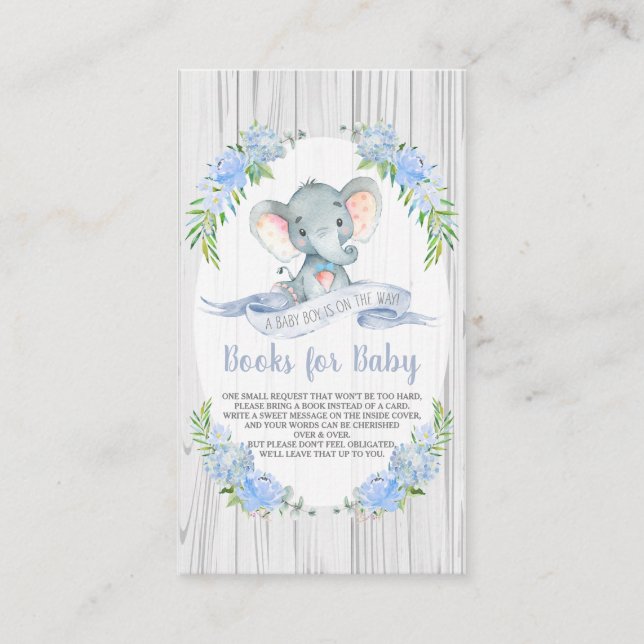 Tarjeta De Recepción Baby Boy Elephant Baby Shower trae un libro (Anverso)