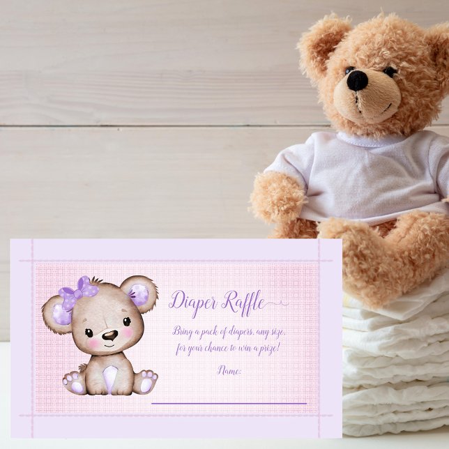 Tarjeta De Recepción Baby Diaper Raffle Cute Purple Bear Chica (Subido por el creador)