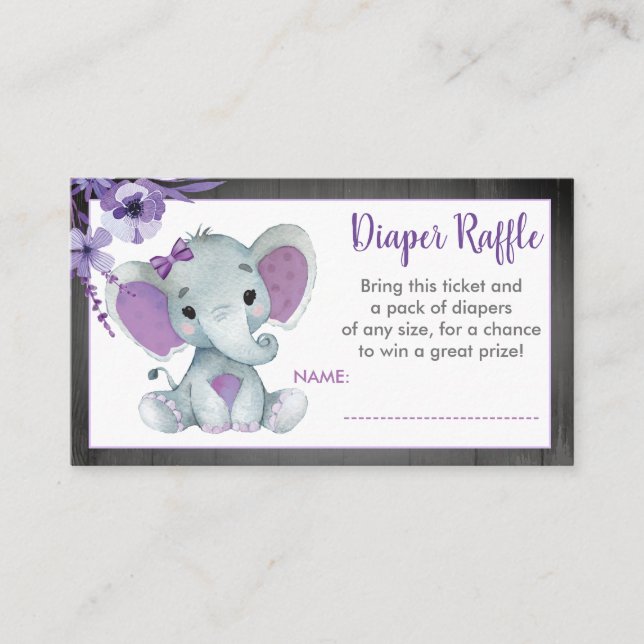 Tarjeta De Recepción Baby Elephant Diaper raffance ticket Purple Floral (Anverso)