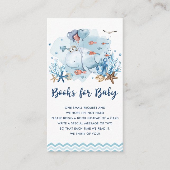 Tarjeta De Recepción Baby Shower azul de ballena náutica trae un libro (Anverso)