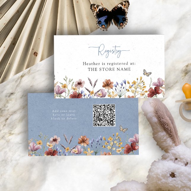 Tarjeta De Recepción Baby Shower Blue Boho Wildflowers (Dusty Blue Boho Wildflowers Baby Shower Enclosure Card with QR Code by Painted Paperie
)