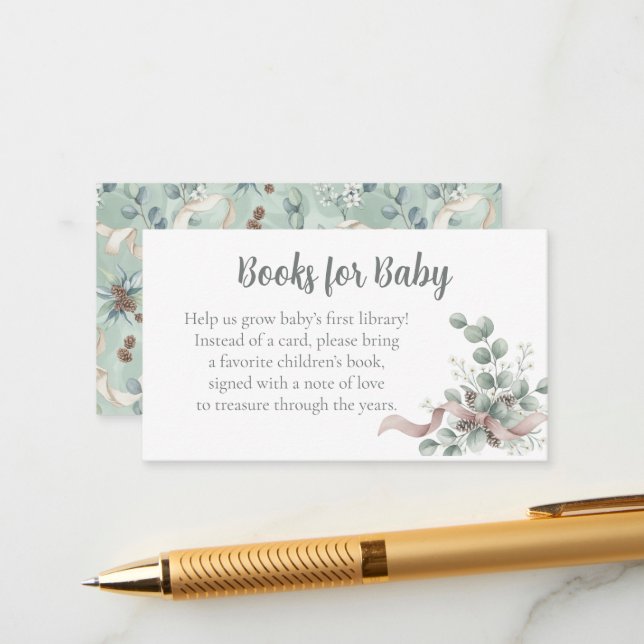 Tarjeta De Recepción Baby Shower Book Request - Eucalyptus Ribbon (Anverso/Reverso In Situ)