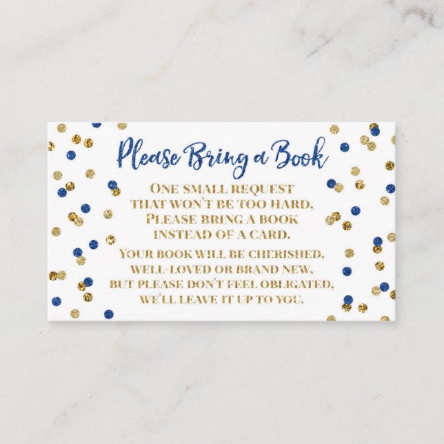 Tarjeta De Recepción Baby Shower Book Request Navy Blue Gold Confetti (Anverso)