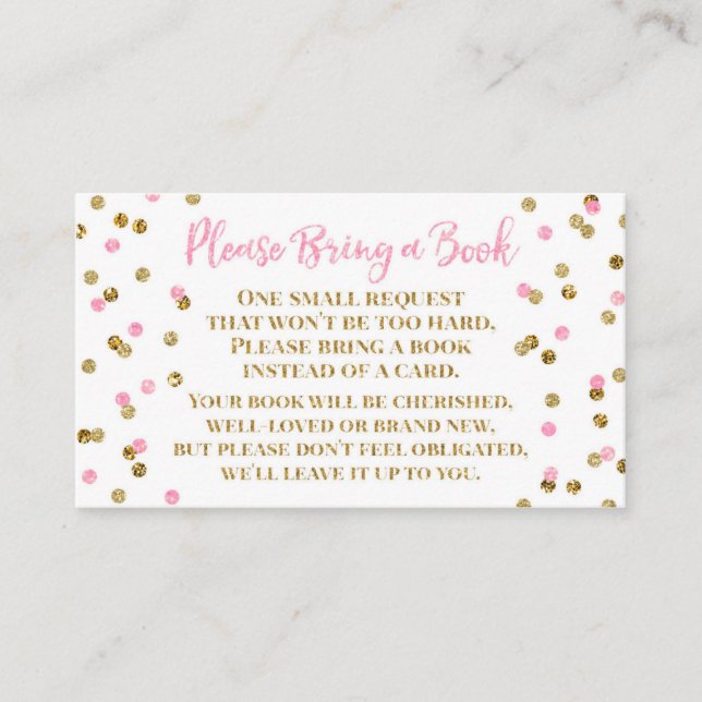 Tarjeta De Recepción Baby Shower Book Request Pink Gold Confetti (Anverso)