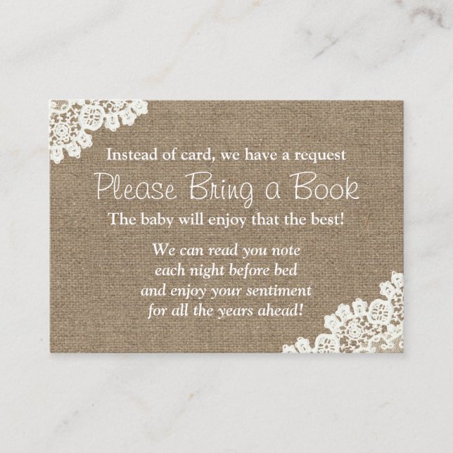 Tarjeta De Recepción Baby Shower Burlap & Lace Bring a Book Request (Anverso)