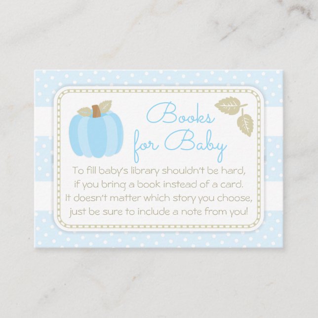 Tarjeta De Recepción Baby Shower de calabaza azul trae un libro (Anverso)