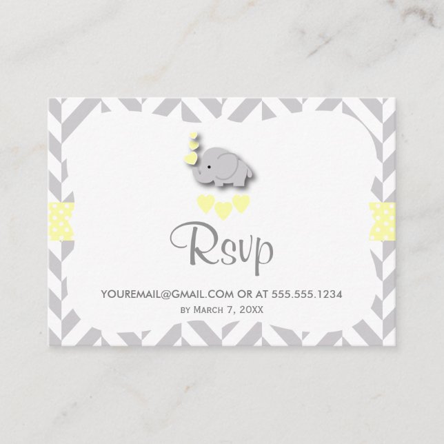 Tarjeta De Recepción Baby Shower de elefante amarillo y gris - RSVP (Anverso)