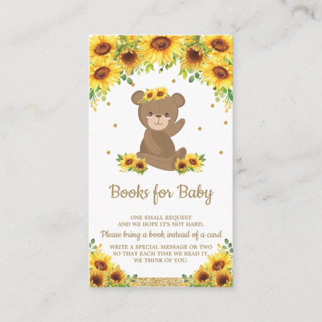 Tarjeta De Recepción Baby Shower de girasol de Oso Teddy trae un libro (Anverso)
