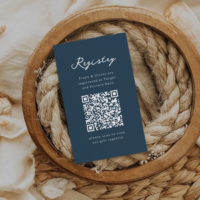 Tarjeta De Recepción Baby Shower del Registro Azul y Blanco (Chic navy blue Baby Shower registry QR cod enclosure card.)