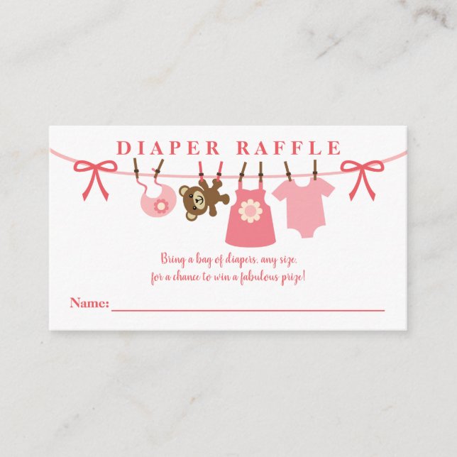 Tarjeta De Recepción Baby Shower Diaper Raffle, Chica de línea de ropa  (Anverso)