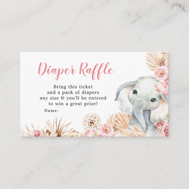 Tarjeta De Recepción Baby Shower Diaper Raffle, Chica del Elefante Rosa (Anverso)
