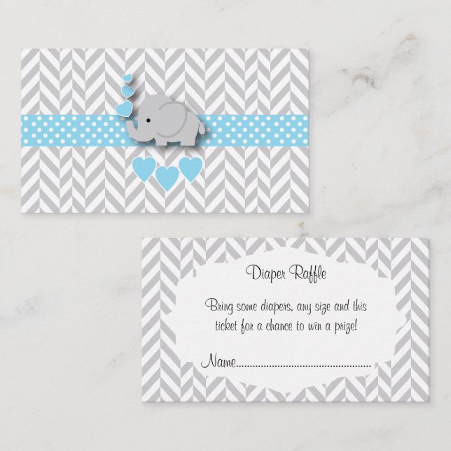 Tarjeta De Recepción Baby Shower Diaper Raffle de Elephant Gris Azul Bl (Anverso / Reverso)