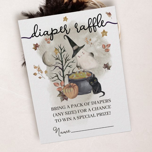 Tarjeta De Recepción Baby Shower Diaper Raffle de Halloween. (a little boo is almost due diaper raffle ticket)