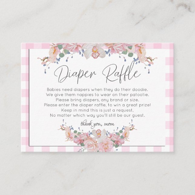 Tarjeta De Recepción Baby Shower Diaper Raffle | Rosa rosa floral (Anverso)