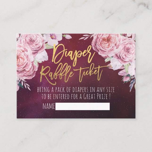 Tarjeta De Recepción Baby Shower Diaper Raffle Ticket Boho Floral Red (Anverso)