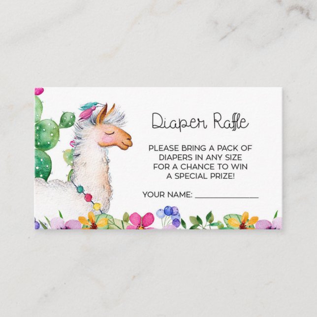 Tarjeta De Recepción Baby Shower Fiesta Llama Cactus Diaper Raffle (Anverso)