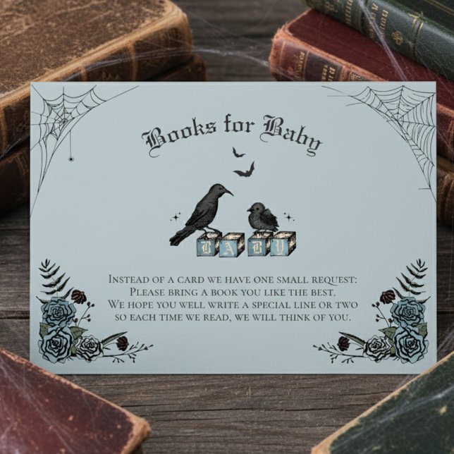 Tarjeta De Recepción Baby Shower gótico azul Black Raven Books para el  (Cute Floral Gothic Halloween Baby Shower Books for Baby Blue Enclosure Card. Black Raven & Baby Bird)