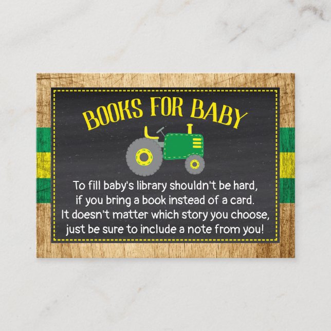 Tarjeta De Recepción Baby Shower Green Tractor trae un libro (Anverso)