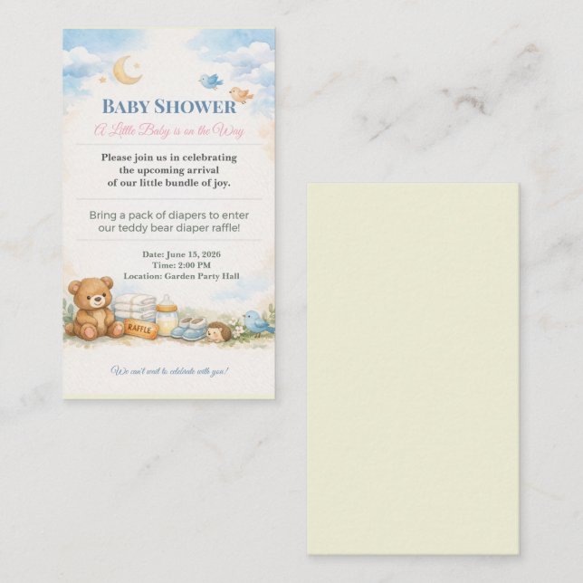Tarjeta De Recepción Baby Shower Invite | Teddy Bear Diaper Raffle (Anverso / Reverso)
