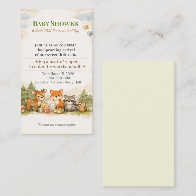 Tarjeta De Recepción Baby Shower Invite | Woodland Diaper Raffle Card (Anverso / Reverso)