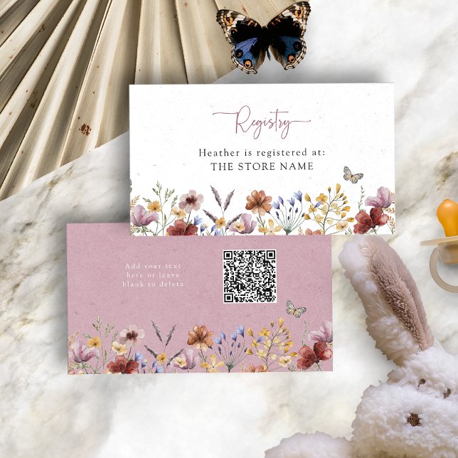 Tarjeta De Recepción Baby Shower Pink Wildflowers (Dusty Pink Wildflowers Baby Shower Enclosure Card with QR Code by Painted Paperie
)