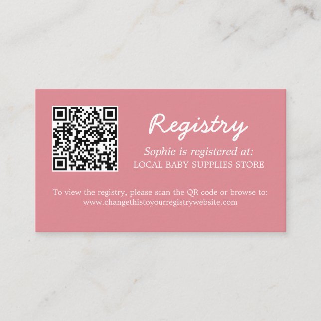 Tarjeta De Recepción Baby Shower Registry QR Code Rubor Pink (Anverso)