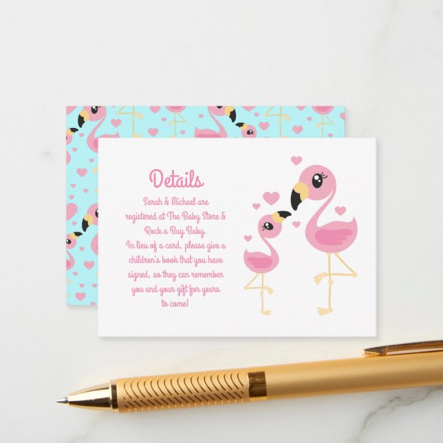 Tarjeta De Recepción Baby Shower rosa Flamingo (Anverso/Reverso In Situ)
