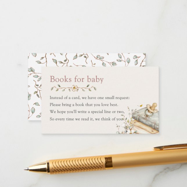 Tarjeta De Recepción Baby Shower Rustic Botanical Books For Baby  (Anverso/Reverso In Situ)