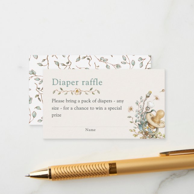 Tarjeta De Recepción Baby Shower Rustic Botanical Diaper Raffle (Anverso/Reverso In Situ)