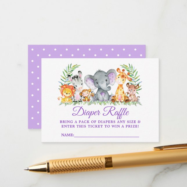 Tarjeta De Recepción Baby Shower Safari Animals Diaper Raffle Purple (Anverso/Reverso In Situ)