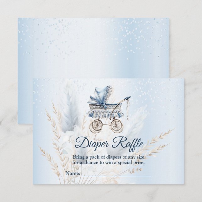 Tarjeta De Recepción Baby Shower Stroller Blue Floral Diaper Raffle (Anverso / Reverso)